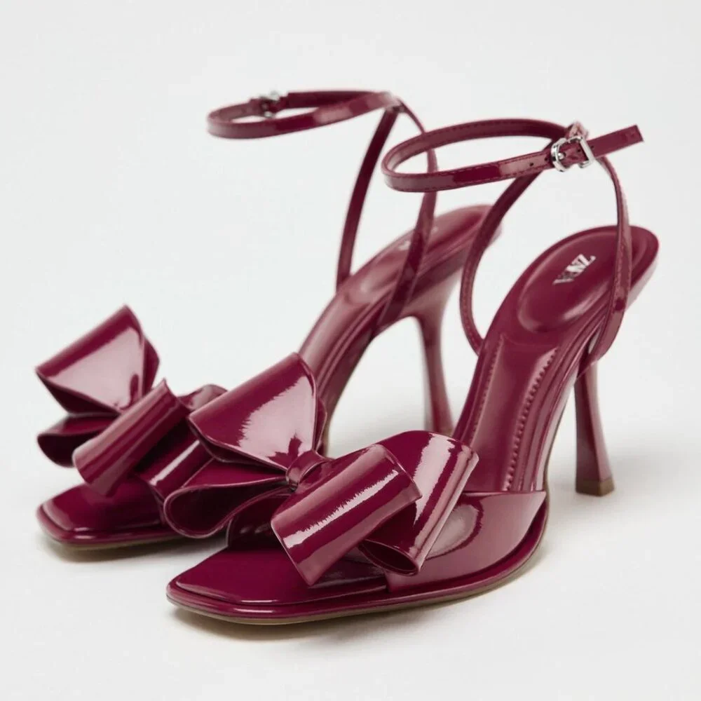 Zara Patent Leather Effect Bow Heel Sandal NWT Strawberry Red Size 37/ 6.5 - Picture 2 of 10